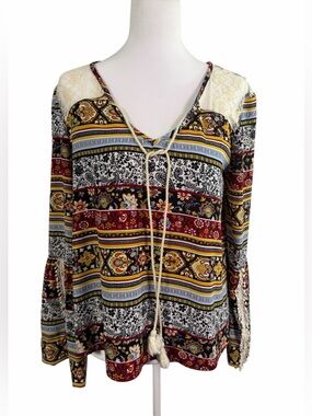 Olsenboye Multicolor Boho Bell Sleeve Blouse - Size Medium - Lace Accents